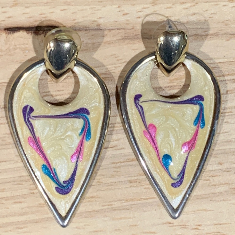 Vintage Enamel Drop Earrings Womens Abstract Teardrop 80s 90s Retro Colorful